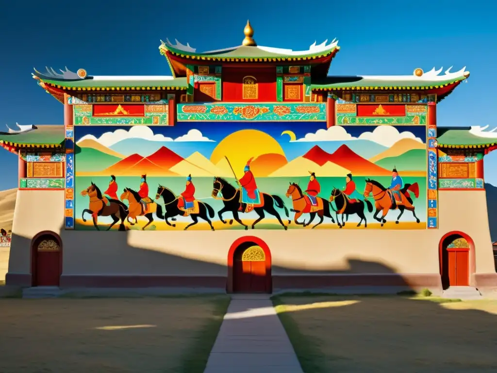 Vibrante mural mongol con contribuciones artísticas del Imperio Mongol en templo histórico
