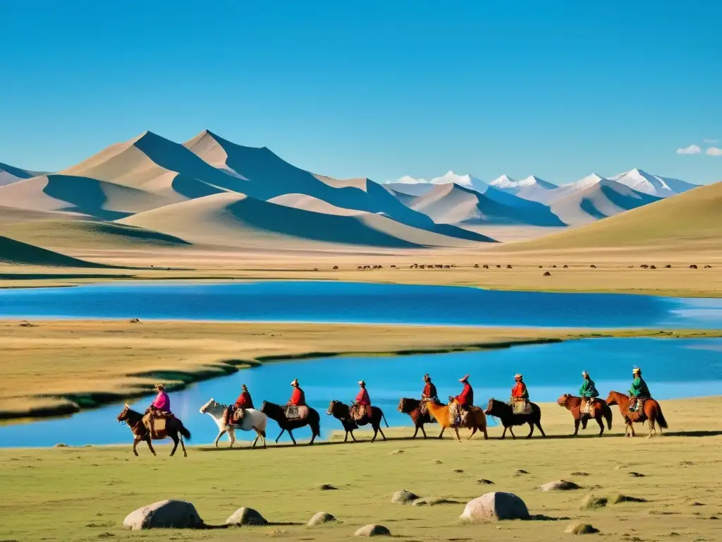 Un vibrante paisaje mongol con pastores nómadas guiando animales sagrados bajo un cielo azul, yurtas tradicionales y montañas al fondo