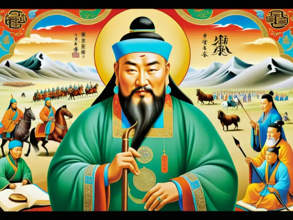 Vibrante pintura mongola detallada de Genghis Khan rodeado de artistas y eruditos, promoviendo las artes y ciencias en el Imperio Mongol