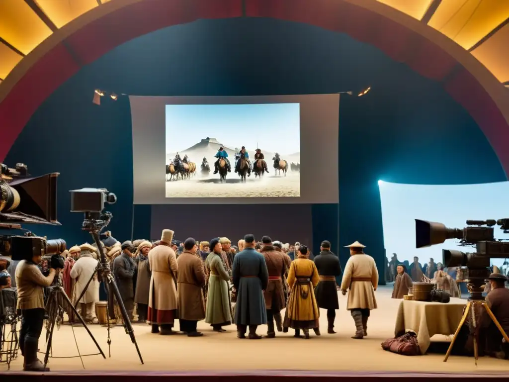 Vibrante set de película de Gengis Khan con actores en trajes de época y equipo de filmación, capturando la fusión moderna de cine histórico