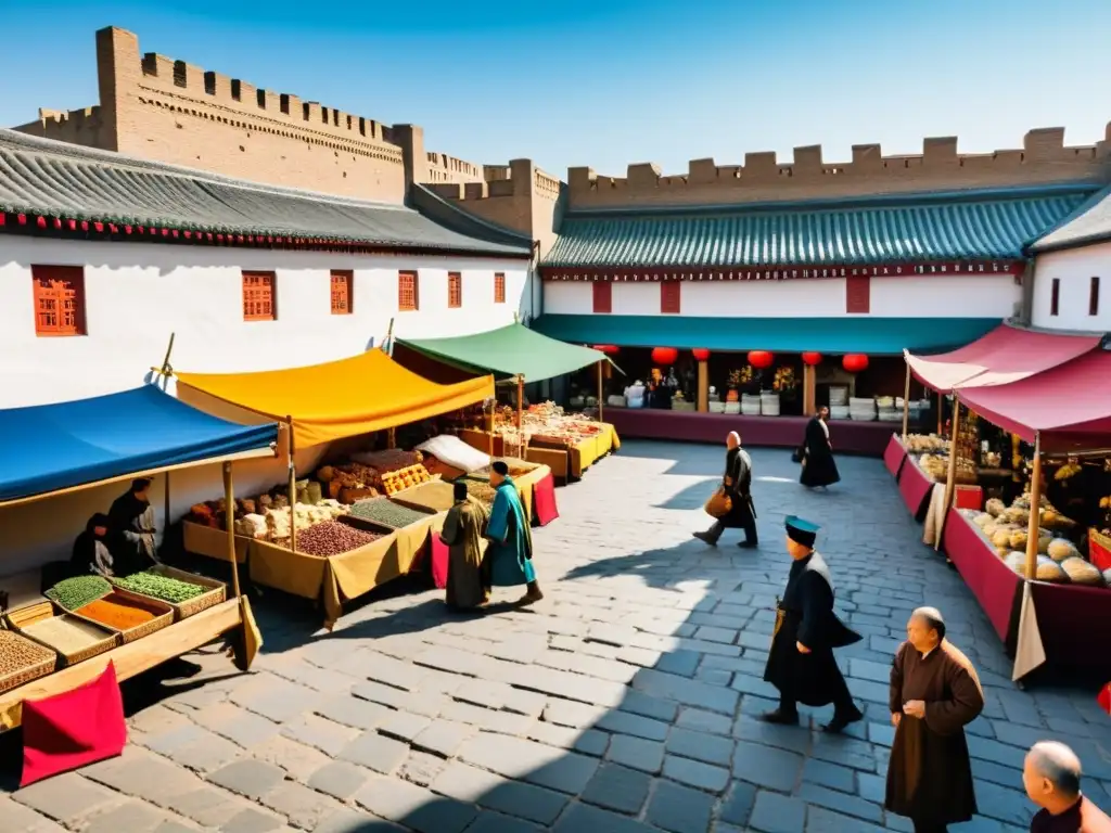 Mercado medieval europeo: comercio y cultura mongol Vida cotidiana en un bullicioso mercado del Imperio Mongol, con comerciantes y productos de la época, creando una atmósfera vibrante y cultural
