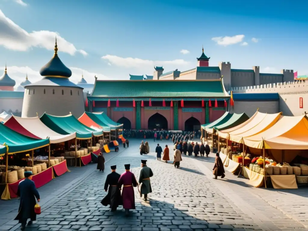 Mercado multicultural bajo el dominio mongol Vida cotidiana en el bullicioso mercado del Imperio Mongol, con comerciantes y arquitectura multicultural