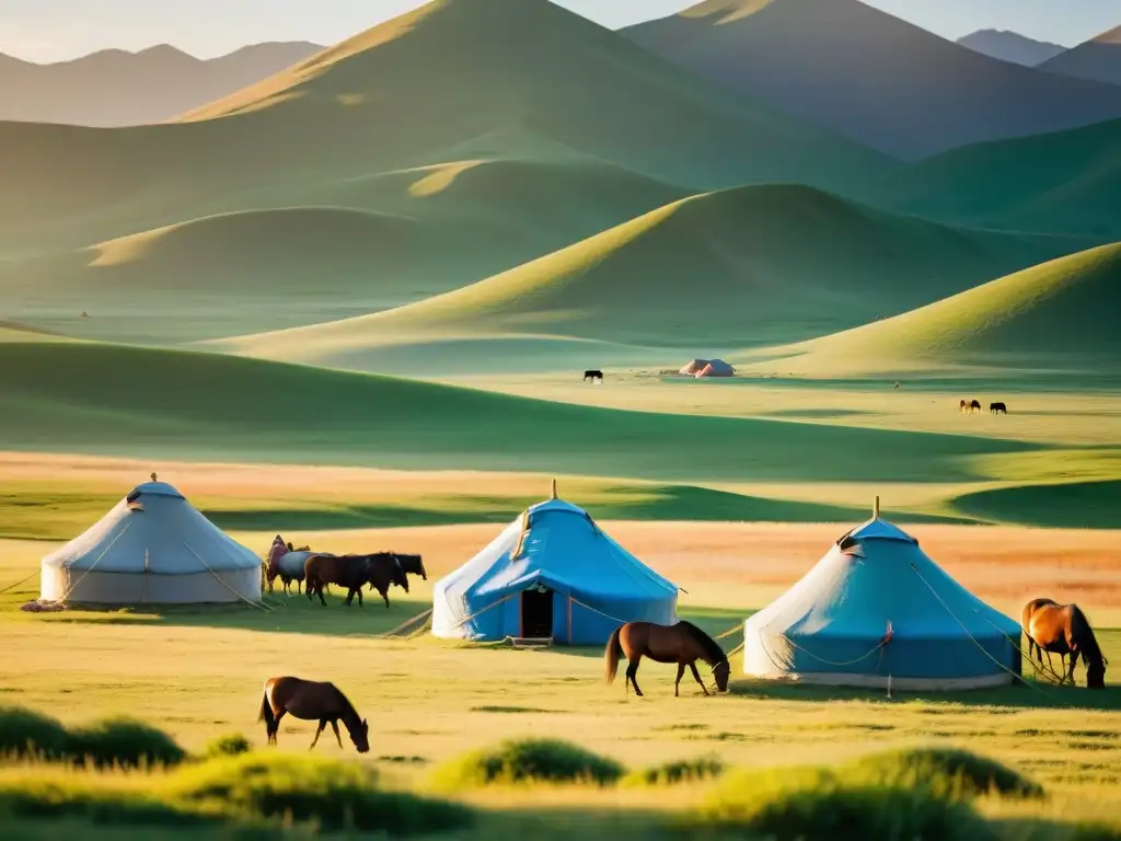 Vida en el Imperio Mongol: Campamento tradicional en la estepa mongol con ger y pastores nómadas, bañado por la cálida luz del atardecer