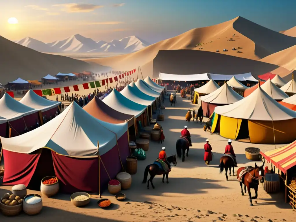 Vida en el Imperio Mongol: Detallado mercado mongol con colores vibrantes, tiendas nómadas y sonidos de comercio al atardecer