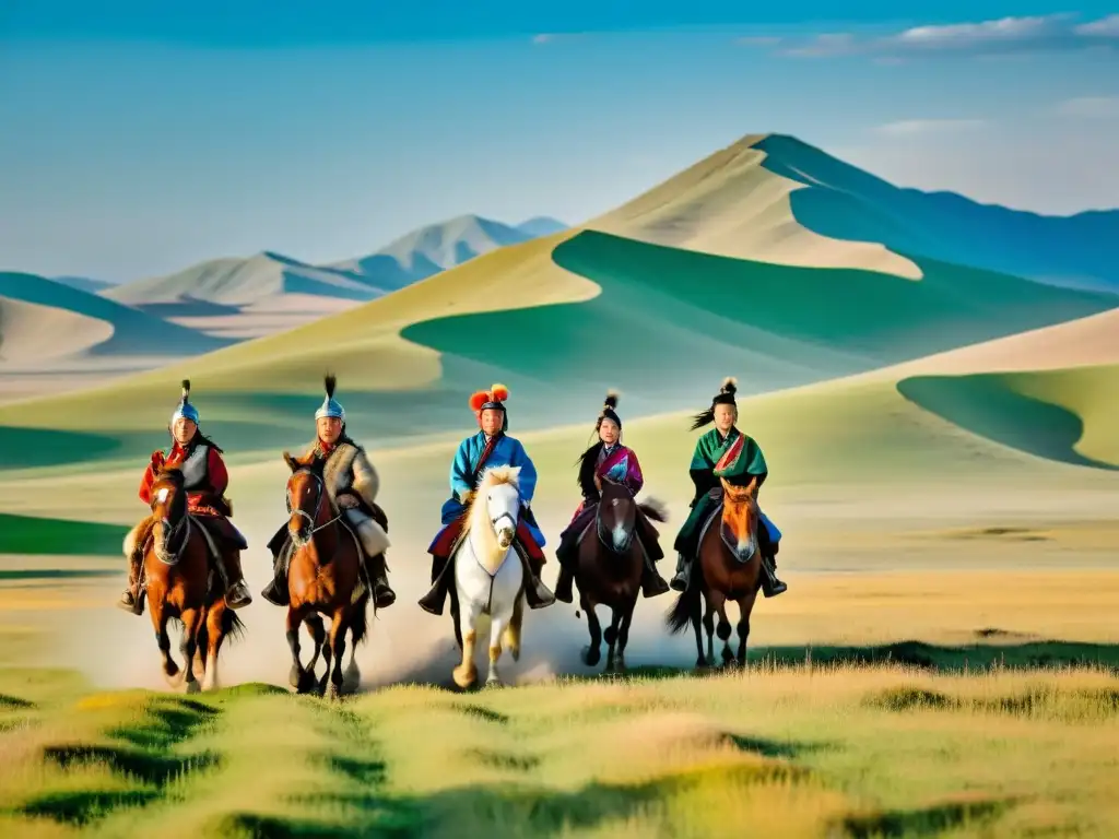 Vida nómada en estepas mongolas: Grupo de jinetes mongolas a caballo en la vasta estepa, con colores vibrantes y paisaje impresionante