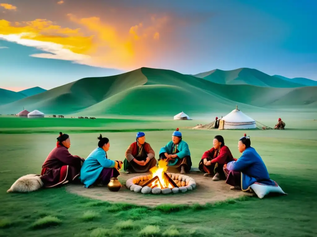 Vida nómada en estepas mongolas: Grupo de nómadas mongolas alrededor de una fogata, con yurtas tradicionales al fondo