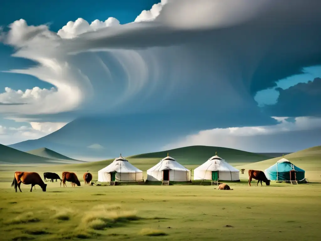 Vida nómada en estepas mongolas: Familia tradicional mongola con yurtas y ganado en la vasta estepa, realizando actividades diarias
