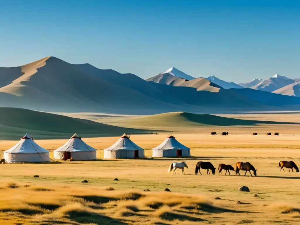 Vida nómada en estepas mongolas: Familia nómada mongola en su tradicional ger, con caballos pastando en la vasta estepa bajo un cielo azul
