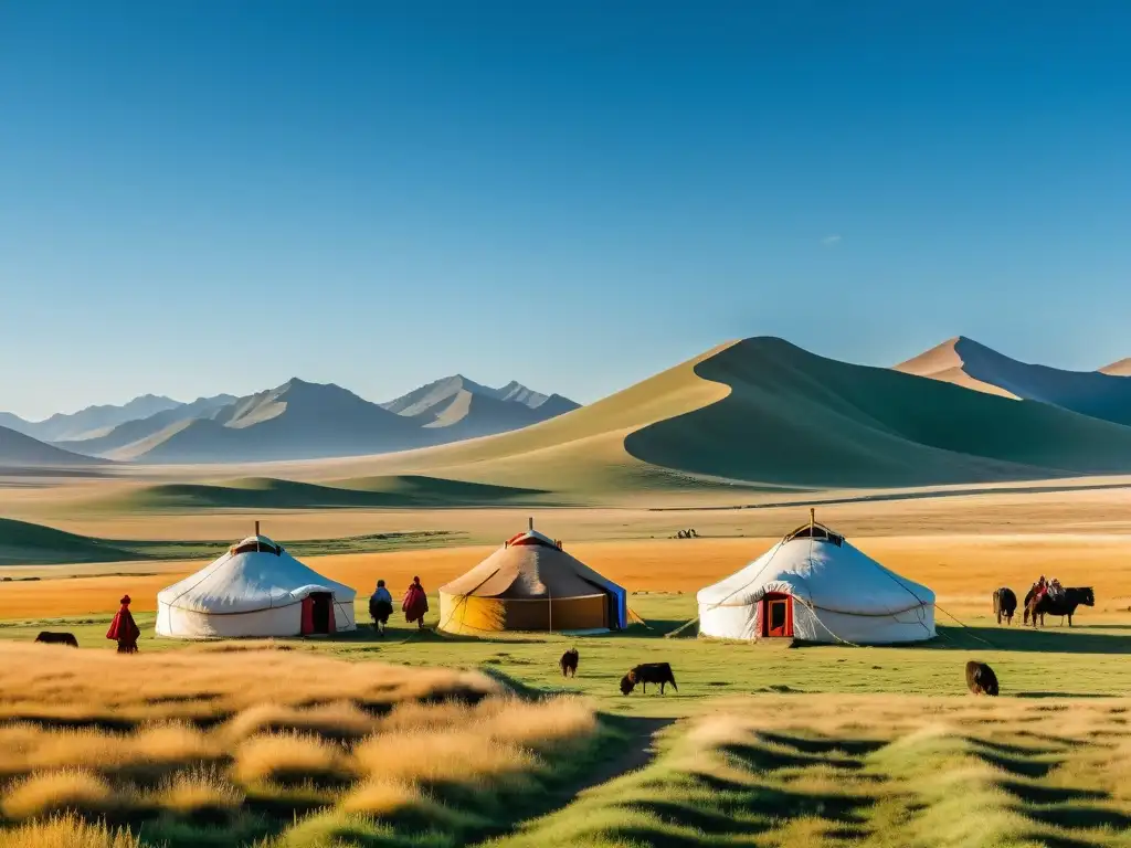 Vida nómada en estepas mongolas: Paisaje vasto y hermoso, pastores yurtas, montañas al fondo