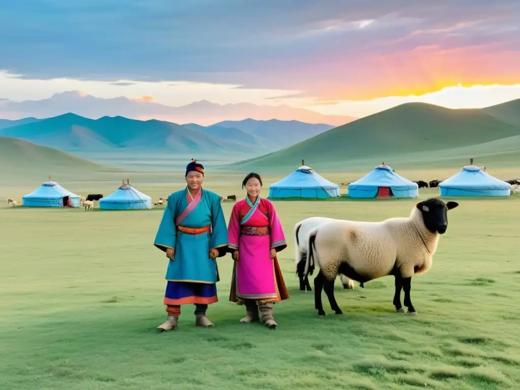 Vida nómada Mongolia siglo XXI: Familia nómada en praderas con yurtas y rebaños al atardecer