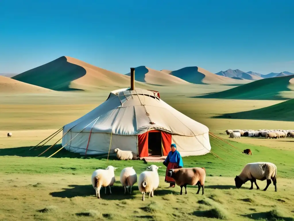 Vida nómada en Mongolia siglo XXI: Familia erige yurta en estepa, rodeada de ovejas, bajo cielo azul