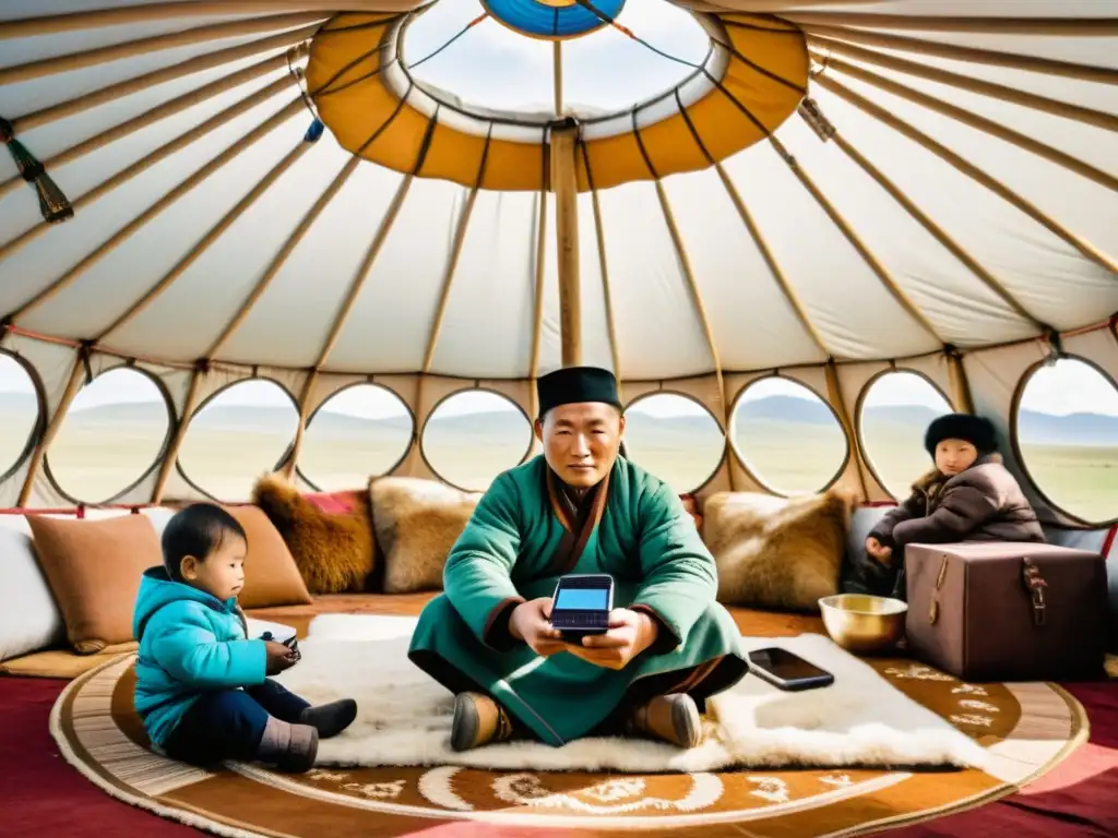 Vida nómada Mongolia siglo XXI: Familia en ger tradicional con tecnología moderna y cálida iluminación natural