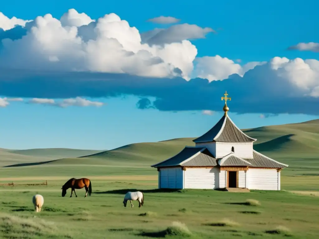 Vieja iglesia en la estepa mongola, rodeada de colinas verdes y caballos