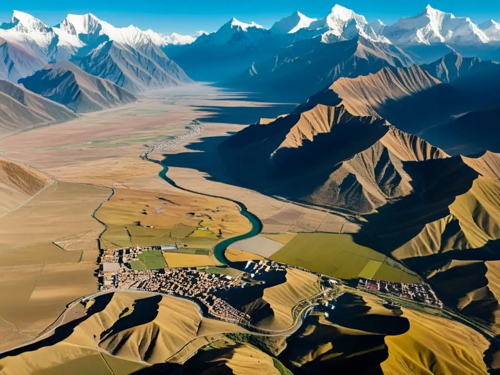 Vista aérea de alta resolución del altiplano tibetano, con influencia cultural del Imperio Mongol y majestuosos picos nevados del Himalaya al fondo