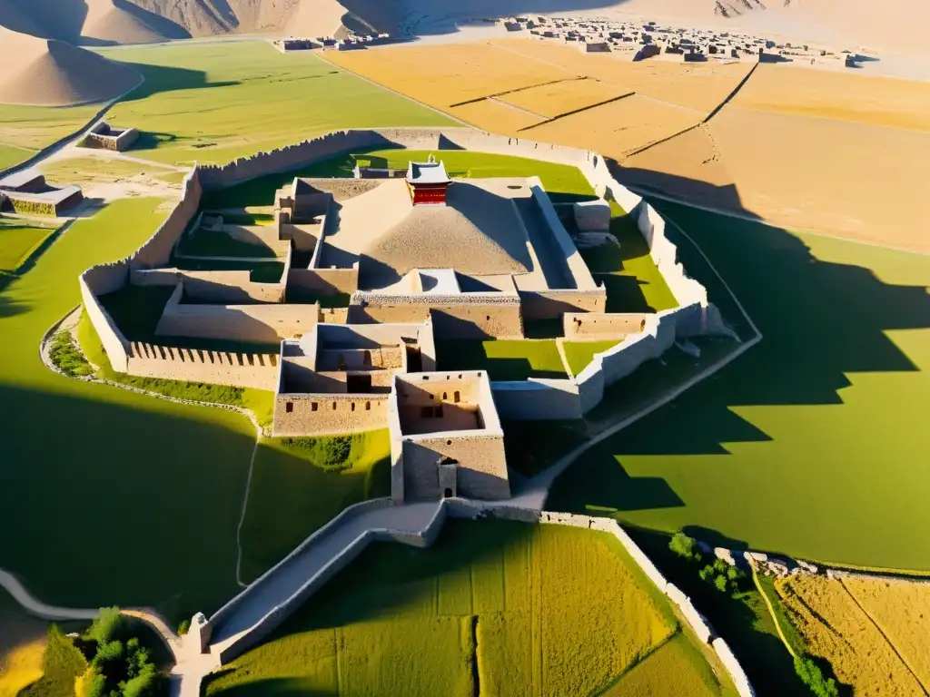 Vista aérea de la antigua capital mongola Karakorum, rodeada de ruinas en las vastas praderas