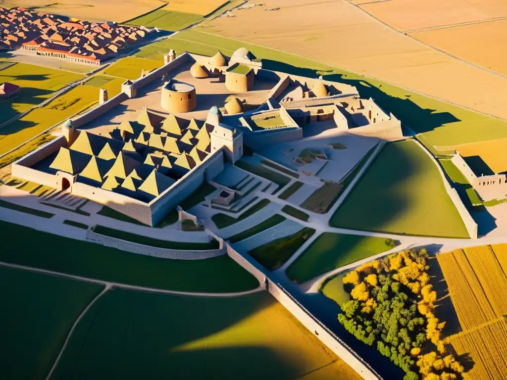 Vista aérea de la antigua ciudad de Avarga, capital del Imperio Mongol, resaltando su arquitectura e historia