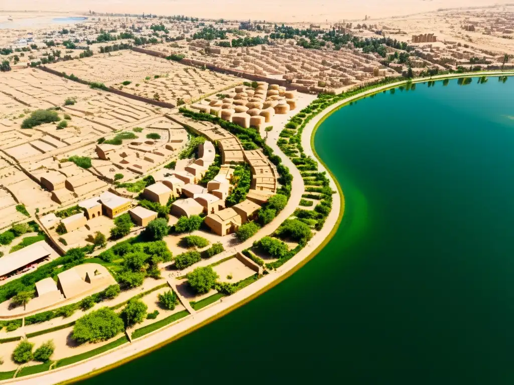 Vista aérea de la antigua ciudad de Bagdad con el río Tigris serpenteando, rodeada de exuberante vegetación y palmeras