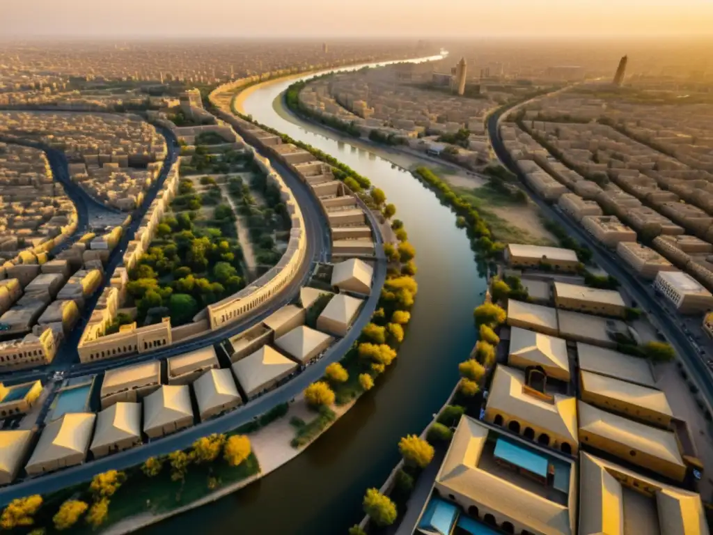 Vista aérea de la antigua ciudad de Bagdad con la red de calles, el río Tigris y la administración mongola en Medio Oriente