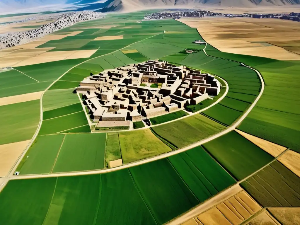 Vista aérea de la antigua ciudad de Karakorum, capital del Imperio Mongol, rodeada de majestuosas praderas