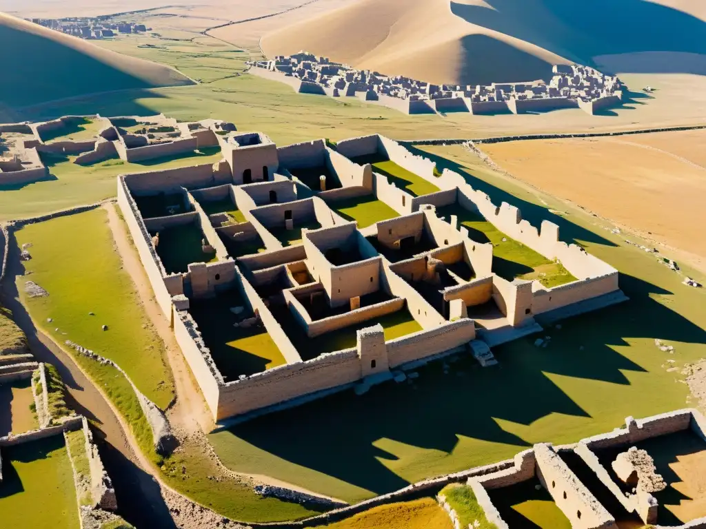 Vista aérea de las antiguas ruinas de Avarga en el paisaje mongol, revelando su importancia histórica como capital del Imperio Mongol