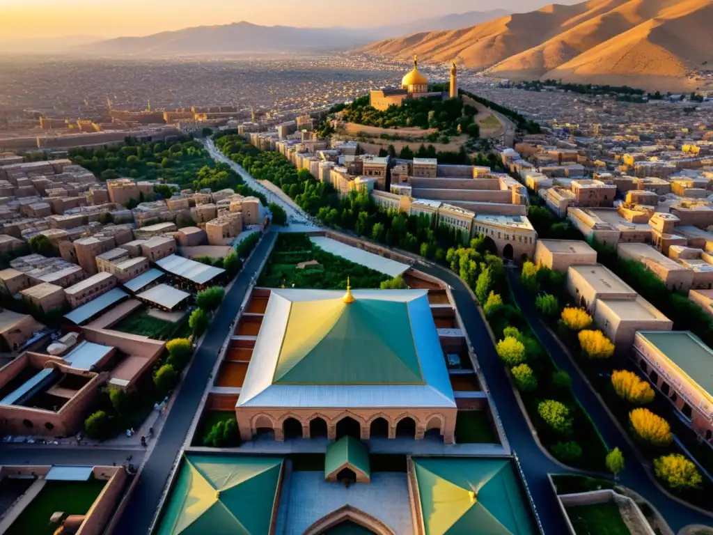 Vista aérea del antiguo Tabriz, capital del Gobierno mongol en el Islam, con sus mezquitas, bazares y montañas al fondo en tonos dorados al atardecer