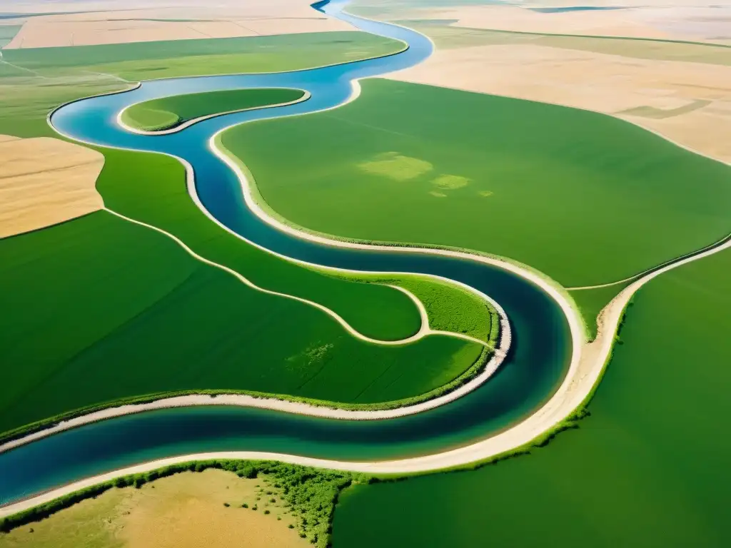 Vista aérea de la estepa mongola con antiguos canales de riego, mostrando la innovadora gestión del agua en el Imperio Mongol