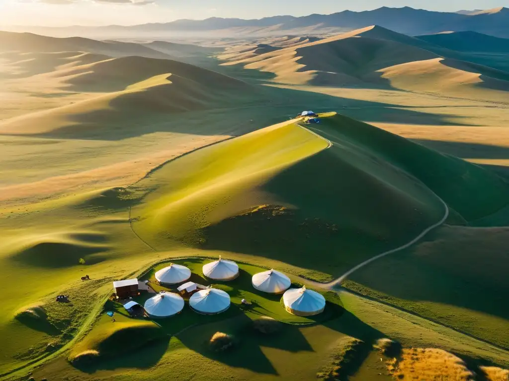 Vista aérea asombrosa de la estepa mongola, con yurtas nómadas y rebaños en el legado del Imperio Gengis Khan