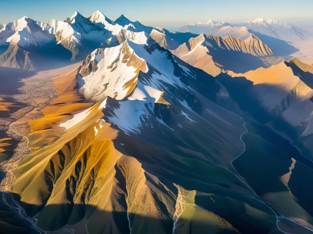 Vista aérea al atardecer de la Montaña Sagrada de Genghis Khan, sus picos nevados brillan bajo la cálida luz dorada