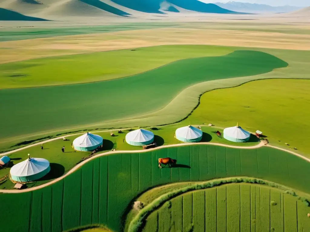 Vista aérea de la estepa mongola, mostrando la belleza natural y las consecuencias ambientales de las campañas del Imperio Mongol