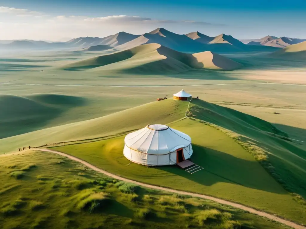 Vista aérea de la estepa mongola, con campamento nómada y paisaje natural, transmitiendo la movilidad mongola isótopos estables análisis