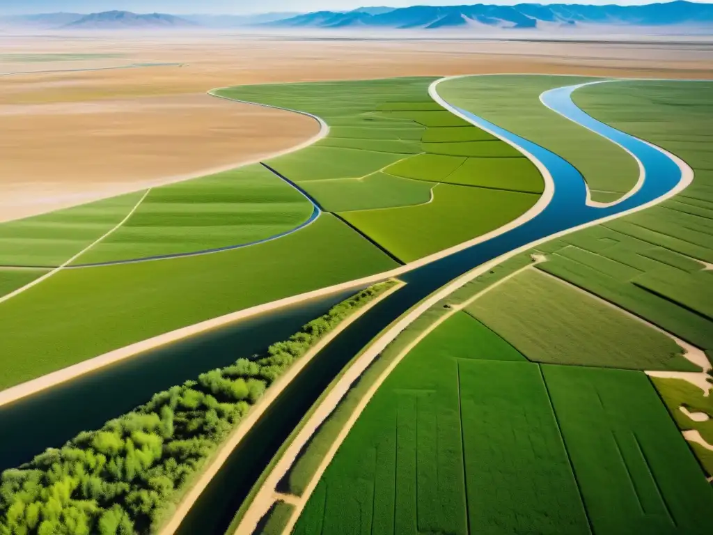 Vista aérea de los canales de riego y embalses en la Mongolia antigua, destacando la gestión del agua en Mongol y su impacto en el paisaje