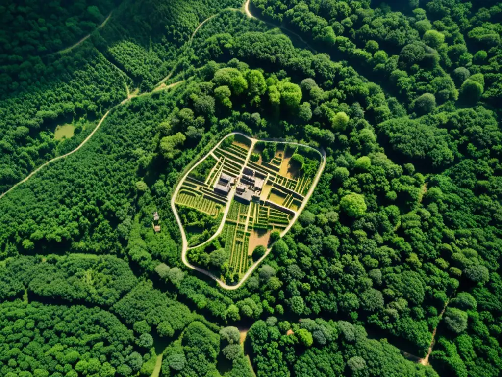 Vista aérea de ciudades perdidas del Imperio Mongol entre la densa vegetación de la selva, evocando misterio y grandeza histórica