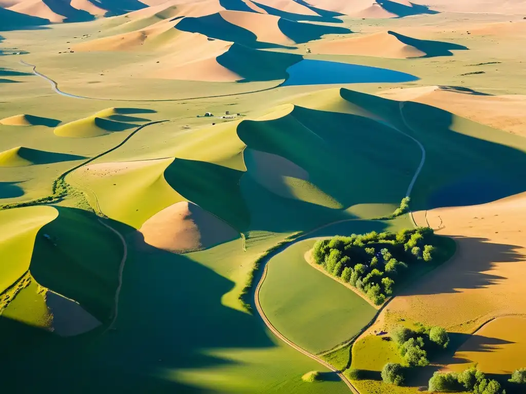 Vista aérea de la estepa mongola con colinas, pastizales y asentamientos nómadas