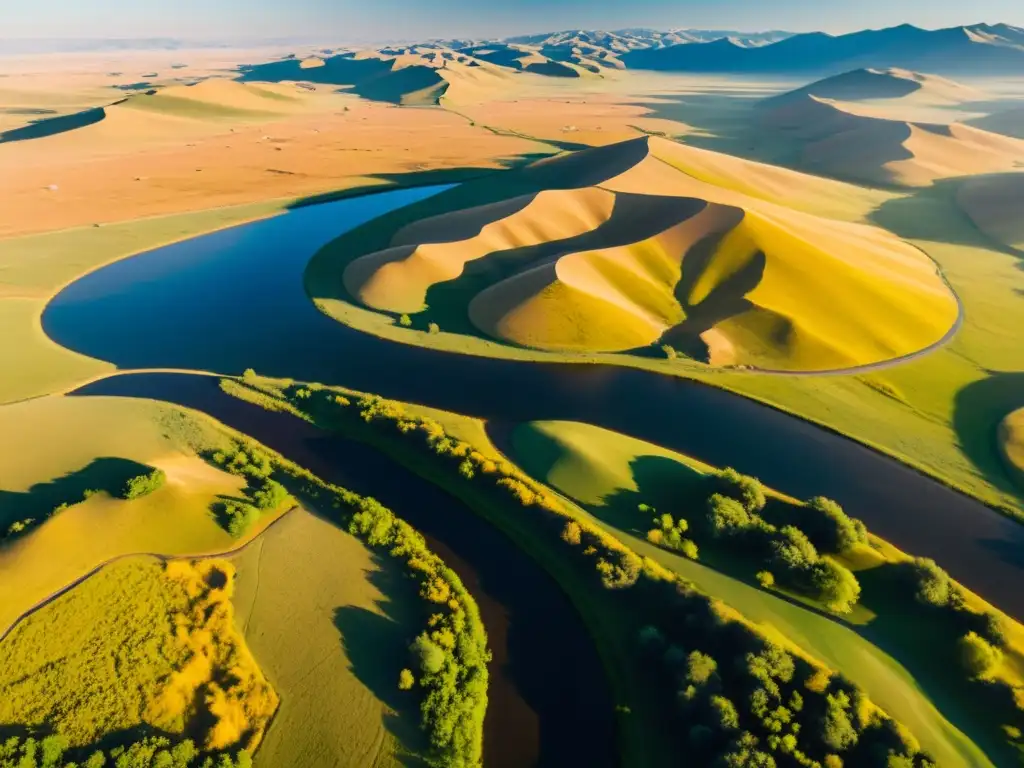 Vista aérea de la estepa mongol, con colinas, ríos y yurtas