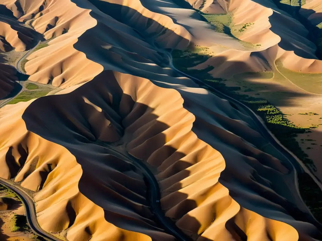 Vista aérea del desierto de Gobi en Mongolia, con sus montañas, dunas y maquinaria minera