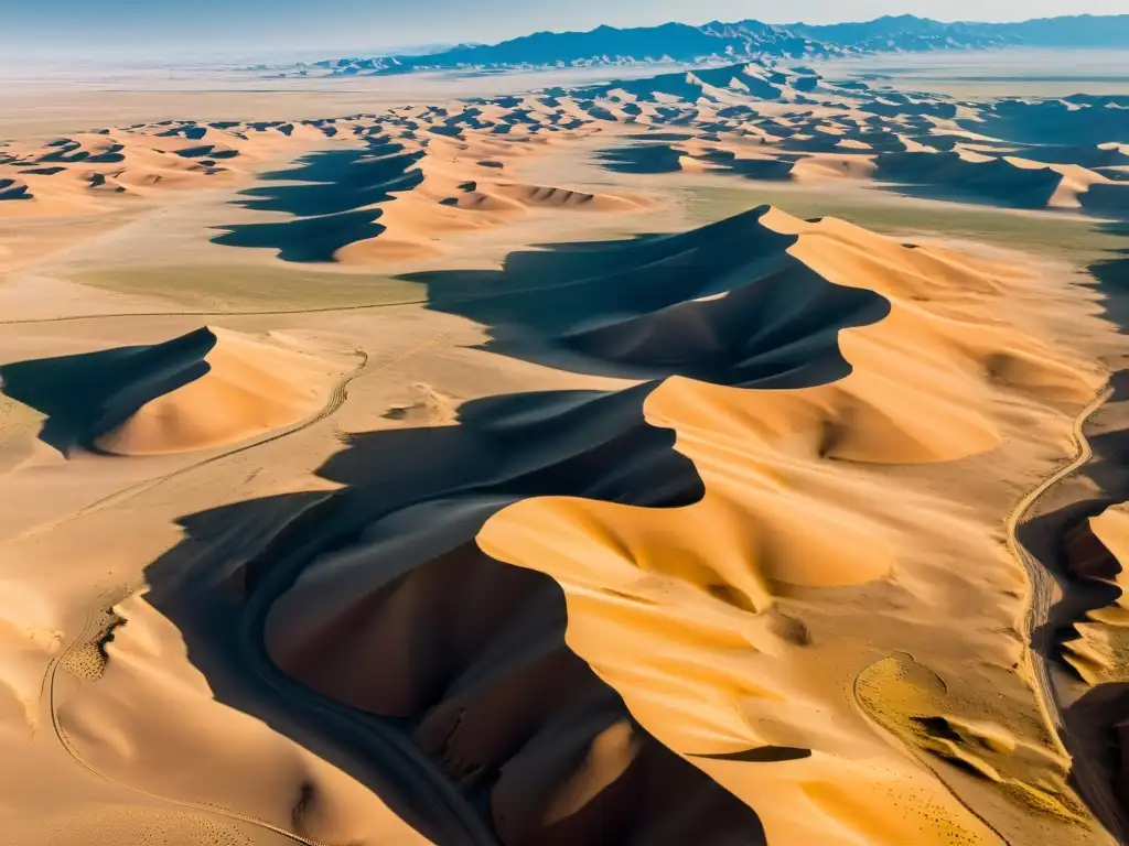 Vista aérea del desierto del Gobi en Mongolia con restos arqueológicos antiguos y tecnología aérea en arqueología mongola