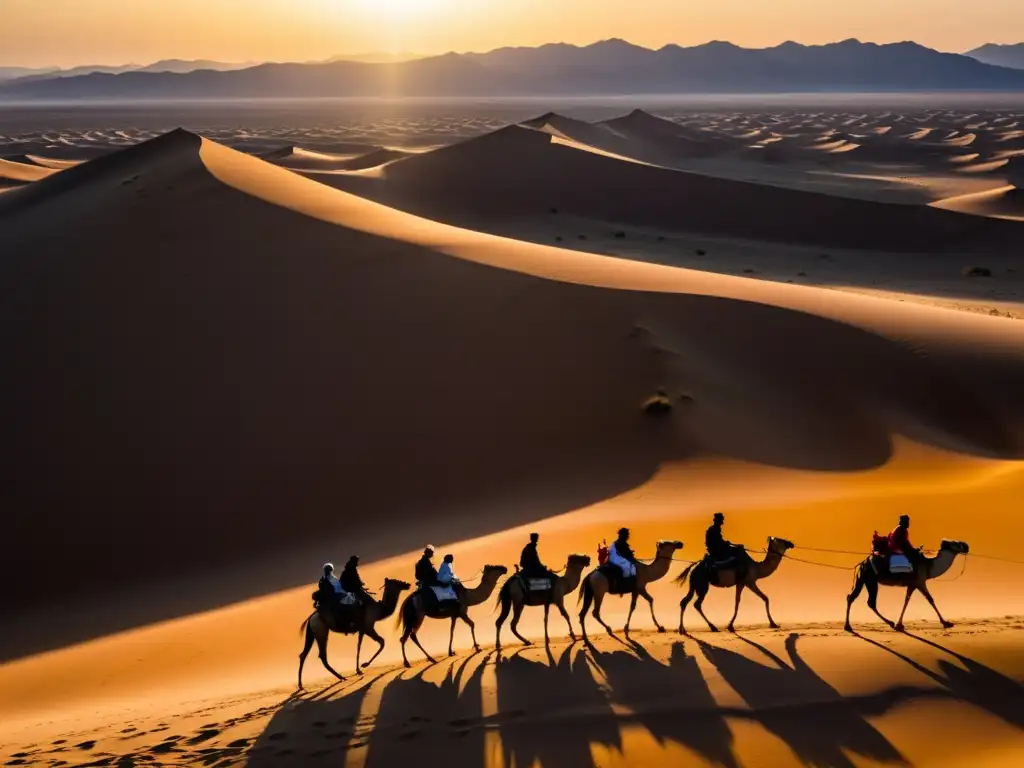 Vista aérea del desolado Desierto de Gobi, con dunas de arena y una caravana de camellos