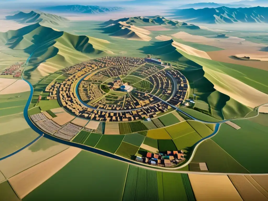 Vista aérea detallada de la próspera economía del Imperio Mongol Khanes