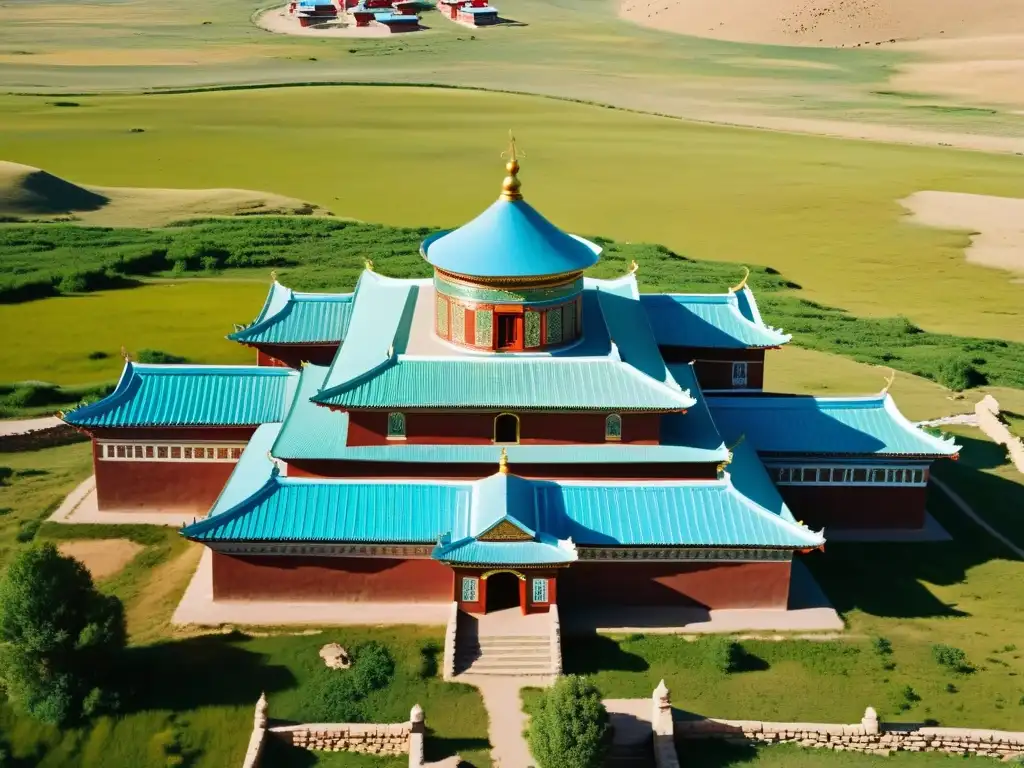 Vista aérea de Erdene Zuu Monasterio en Kharkhorin, Mongolia, con monjes y paisaje verde