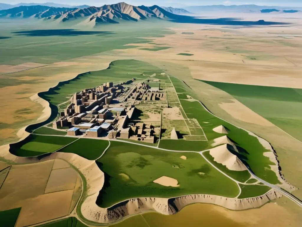 Ruinas antiguas en el paisaje mongol: misterio y grandeza Vista aérea de excavaciones ciudades perdidas Imperio Mongol, revelando ruinas antiguas entre terreno rocoso y verde