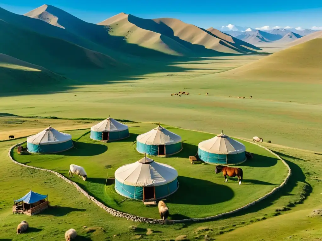 Vista aérea de la extensa belleza natural de Mongolia con yurtas tradicionales y animales pastando