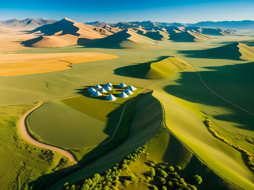 Vista aérea de la extensa estepa mongola con campamentos nómadas Imperio Mongol, colinas y montañas distantes