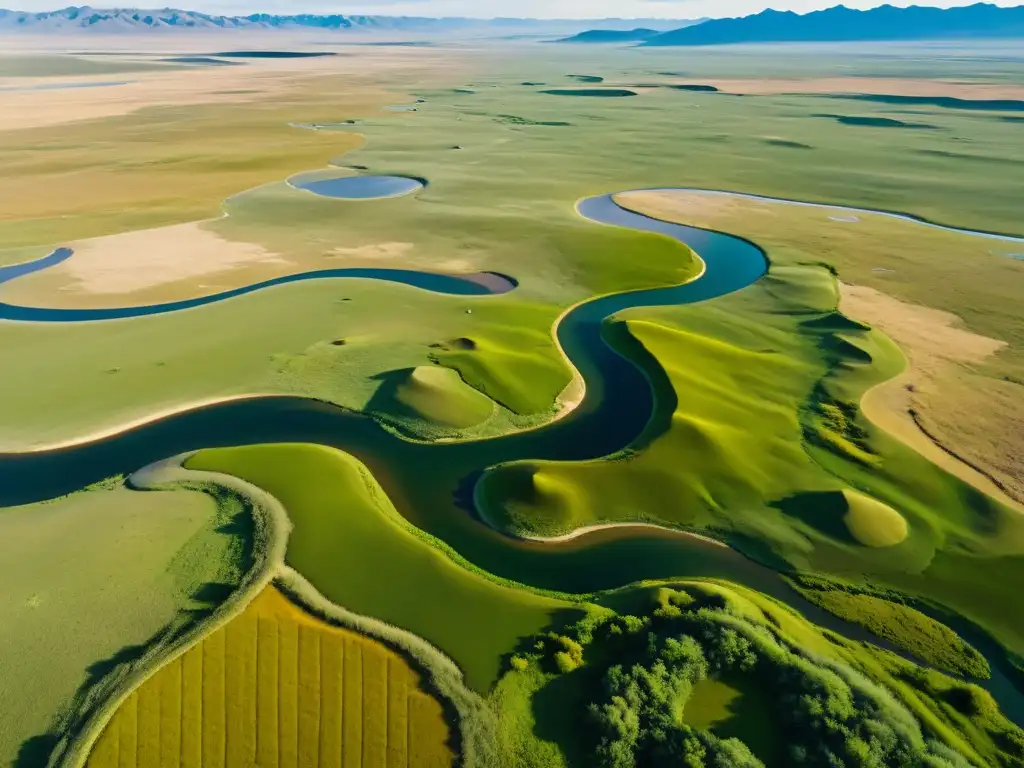 Vista aérea de la extensa estepa mongola, con yurtas dispersas y un río serpenteante