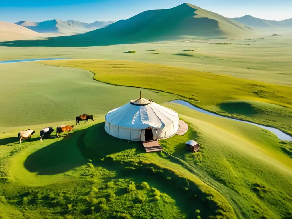 Vista aérea de las extensas estepas de Mongolia, mostrando la transformación paisajes yugo mongol con una yurta en la distancia