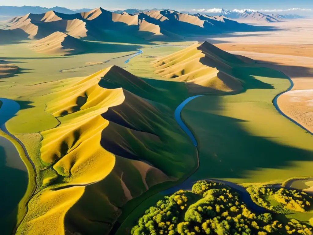 Vista aérea de las extensas estepas de Mongolia con montañas, ríos y vegetación