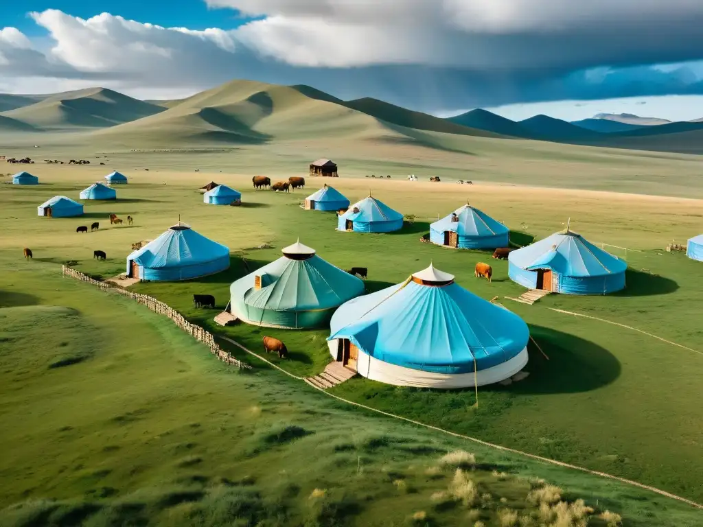 Una vista aérea de las extensas praderas de Mongolia con yurtas tradicionales y pastoreo de ganado