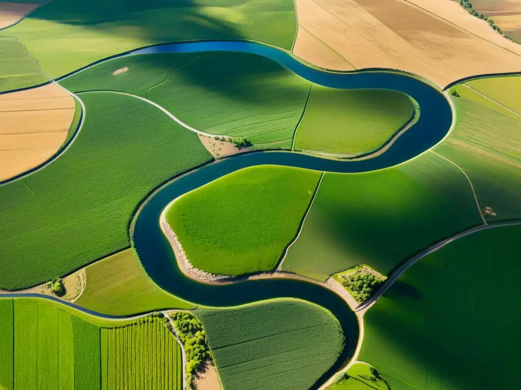 Vista aérea de exuberante valle Orkhon en Mongolia, con campos verdes y ríos serpenteantes