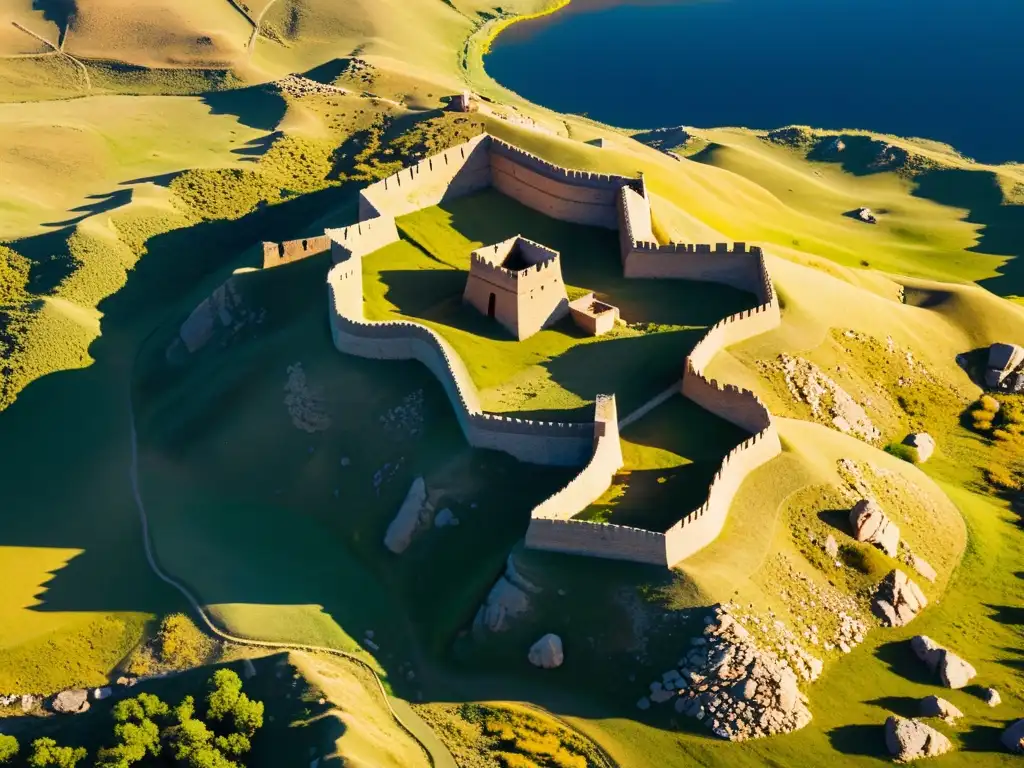 Vista aérea de fortificaciones mongolas redescubiertas, con muros y torres bien conservados en un terreno escarpado