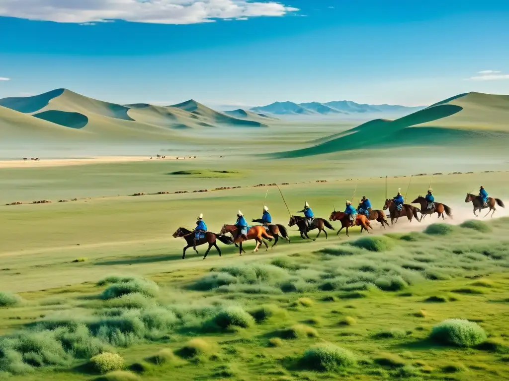 Vista aérea de la estepa mongola con guerreros a caballo y yurtas