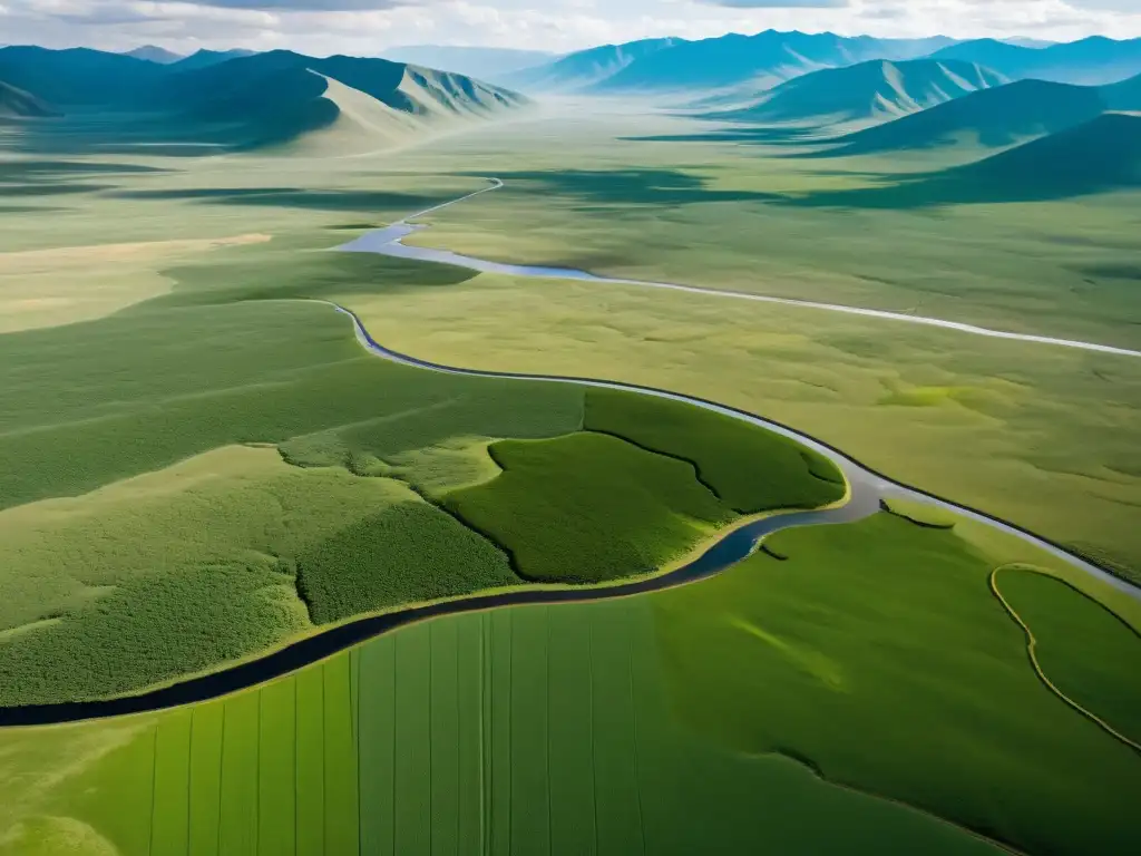 Vista aérea del impacto ambiental de las campañas mongoles en Medio Oriente, contrastando la naturaleza virgen con zonas afectadas